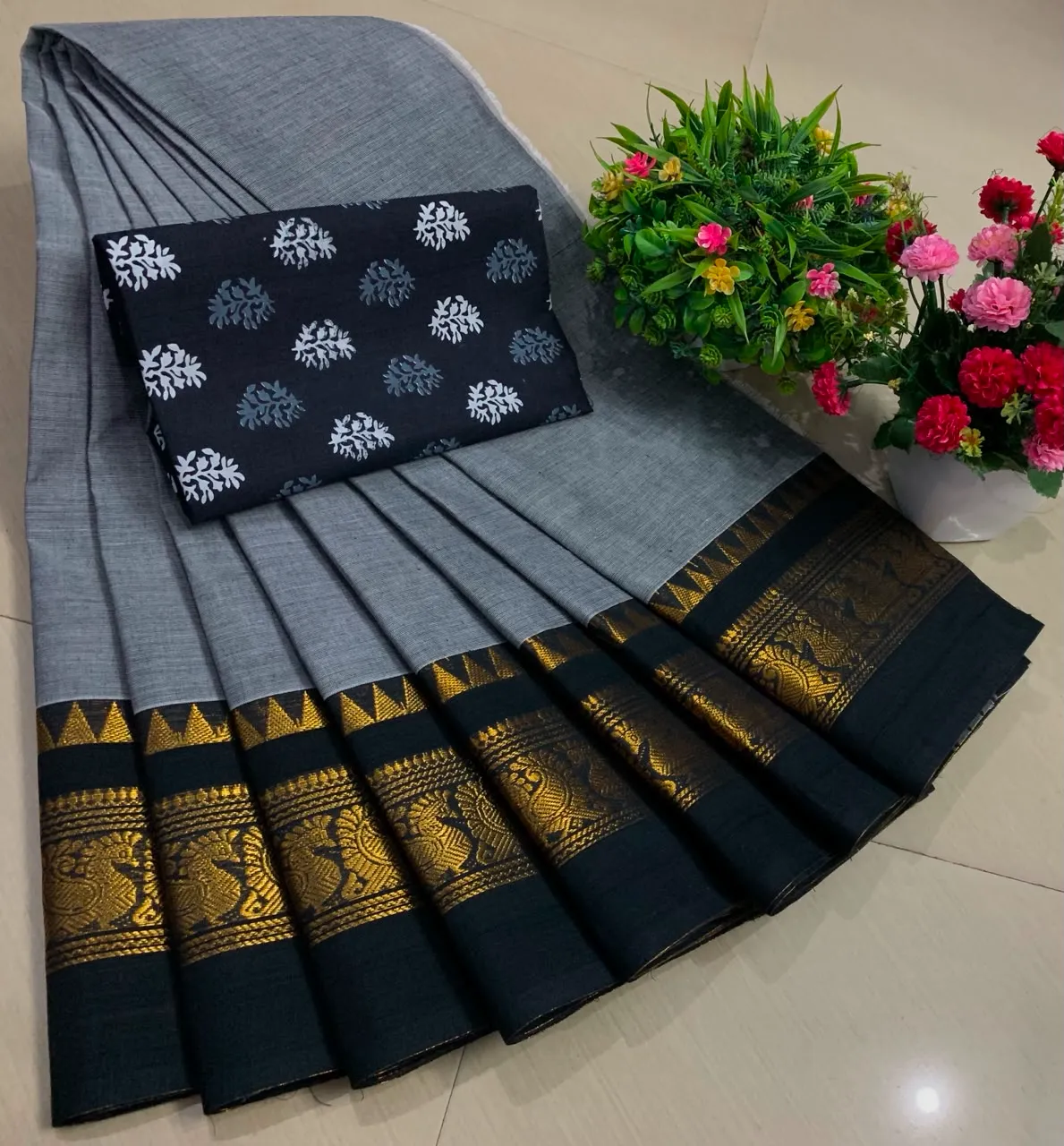 Midnight Black Chettinadu Pure Cotton Saree with Kalamkari Blouse
